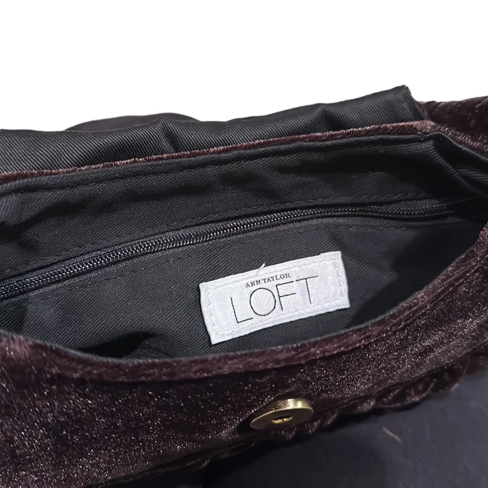 Ann Taylor LOFT dark chocolate Brown velvet east west bag gold chain handle